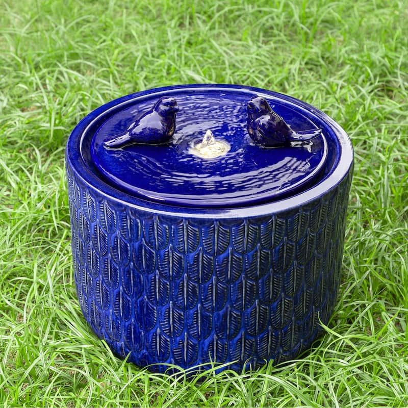 Glitzhome 15"H LED Ceramic Birdbath Outdoor Fountain with Two Birds & Leaf Pattern