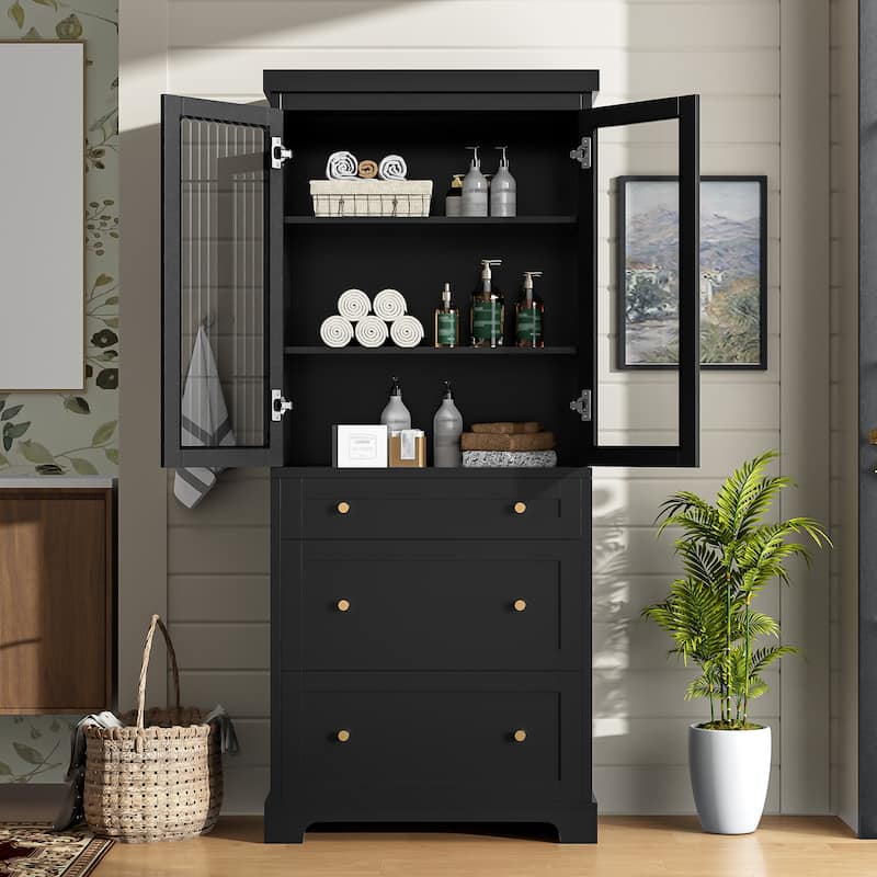 70.1-Inch Modern Freestanding Tall Storage Cabinet with 2 Adjustable Shelves & 3 Soft-Close Drawers – Glass Door Design. - Black