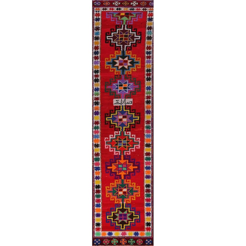 Tribal Anatolian Turkish Vintage Runner Rug Handmade Red Silk Carpet - 1'11"x 10'6"