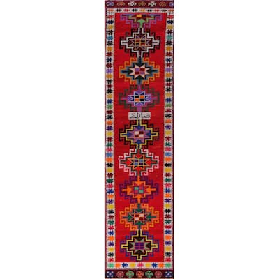 Tribal Anatolian Turkish Vintage Runner Rug Handmade Red Silk Carpet - 1'11"x 10'6"