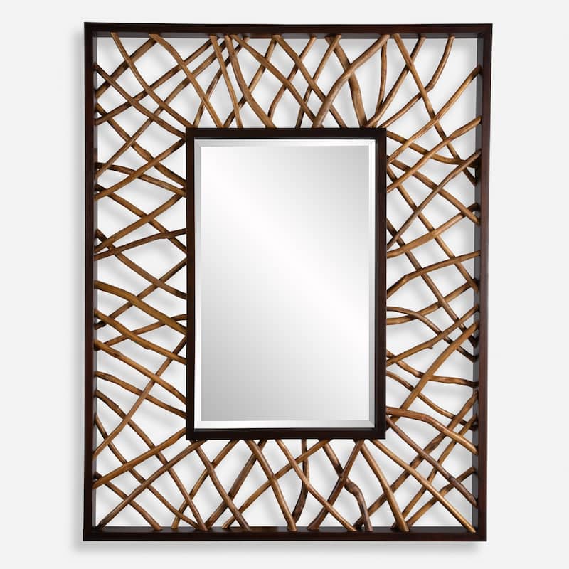 Teak Branch Beveled Rectangular Wall Mirror - 56" - Walnut Brown