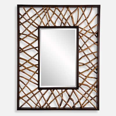 Teak Branch Beveled Rectangular Wall Mirror - 56" - Walnut Brown