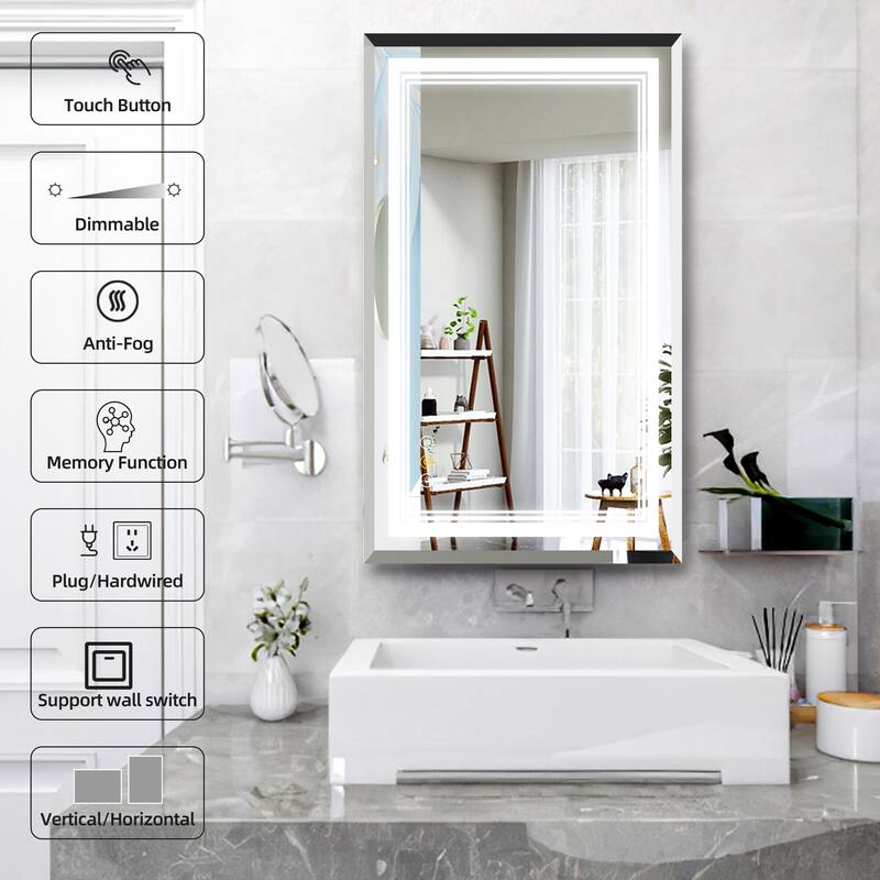 RS Rectangular Wall Mount Vanity Mirror with Lights for Bathroom, 3 Colors Dimmable LED, Anti-Fog, Memory Function