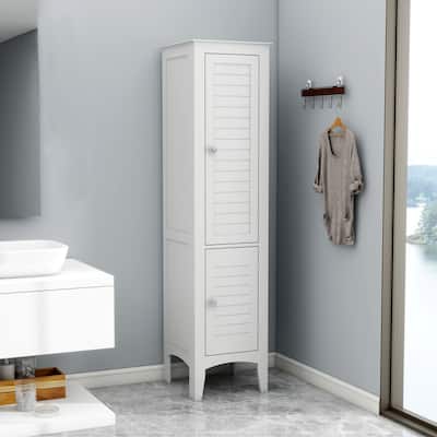 Tall Narrow Tower Freestanding Cabinet with 2 Shutter Doors 5 Tier Shelves for Bathroom, Kitchen ,Living Room,Storage Cabinet