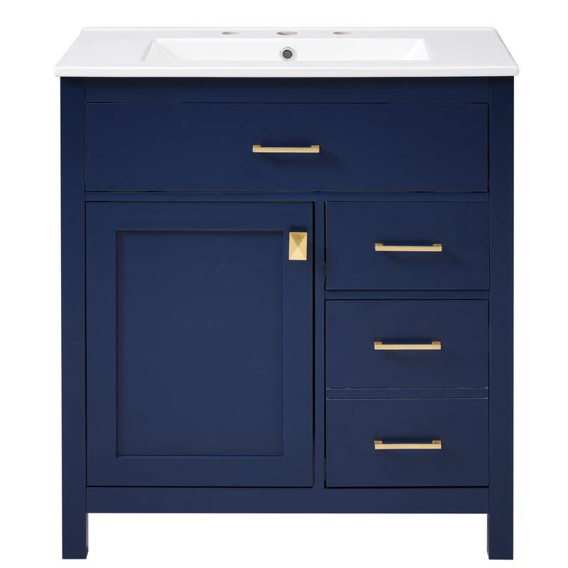 Compact 30-Inch Black Bathroom Vanity with Ceramic Sink, 3 Storage Drawers, Soft-Close Doors, Adjustable Shelf