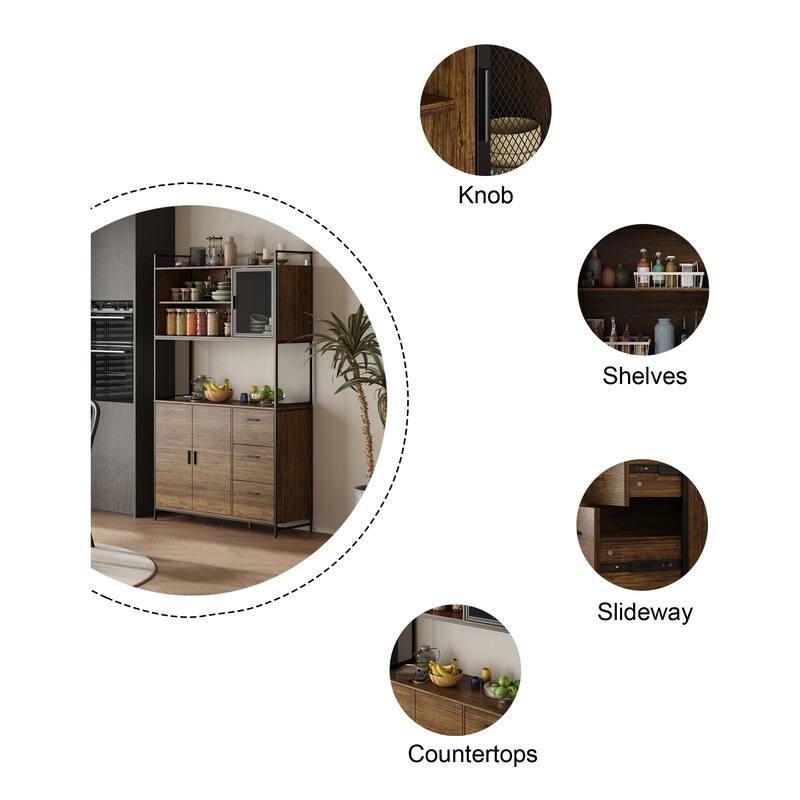 Multifunctional Kitchen Cabinet Collection Metal Frame Shelf Brown Walnut Color
