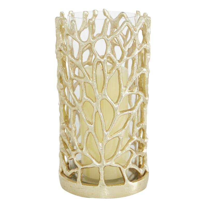 Aluminum Metal Decorative Indoor Outdoor Candle Lantern with Coral Pattern - Gold - Roche River Decor - Gold - 5"W, 10"H