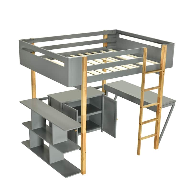 Merax Wood Loft Bed With Built-in Storage Cabinet and Shelves, Foldable desk
