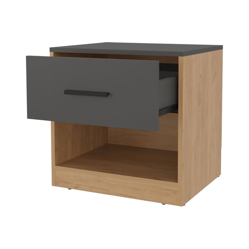 Natural Oak and Matt Grey Nightstand with Drawer and Open Shelf