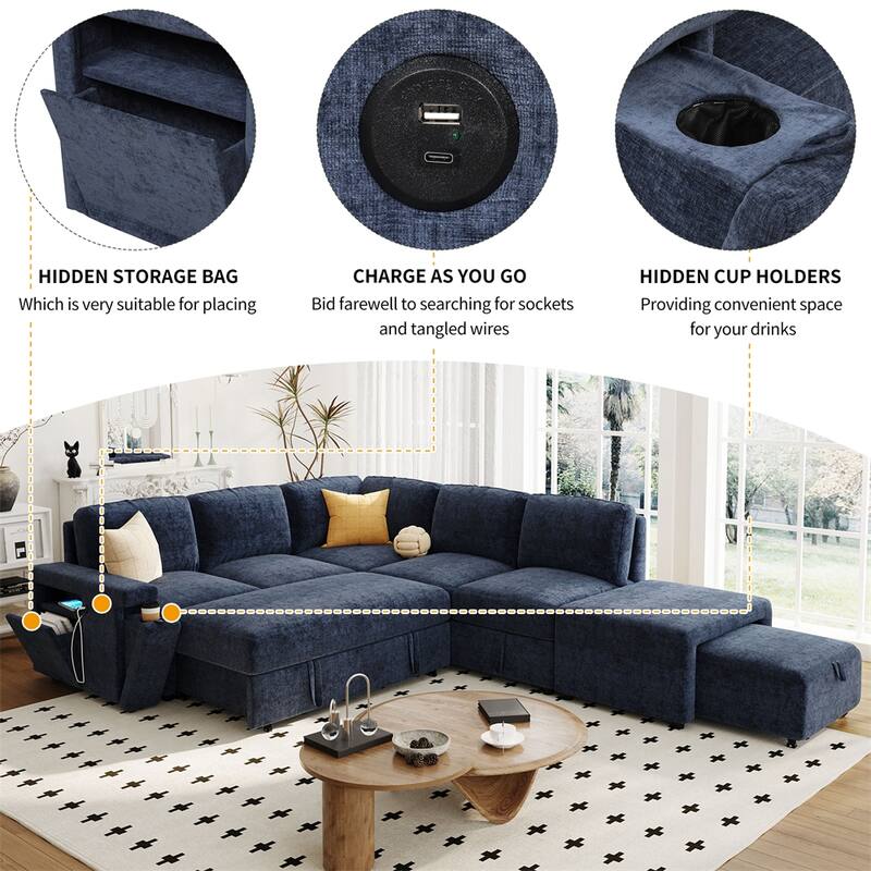 L-shaped Padded Modular Sofa w/Storage Space,USB Ports & Cup Holders