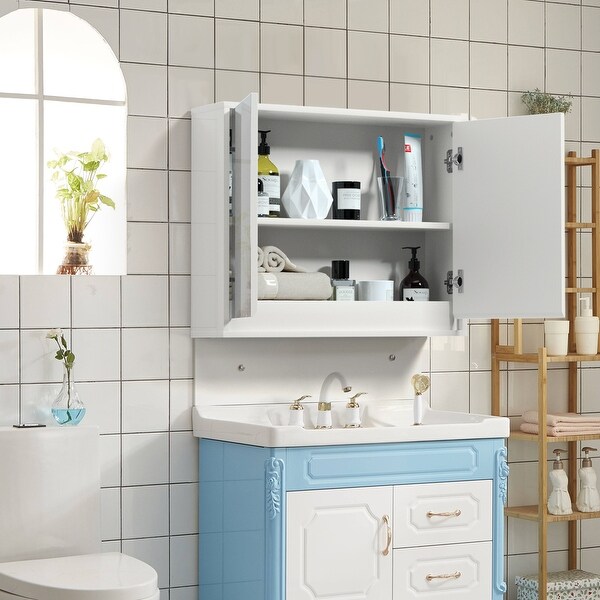 Wall Mounted Bathroom Storage Cabinet Organizer Shelf W Double Mirror Door White Bath Caddies Storage Home Garden
