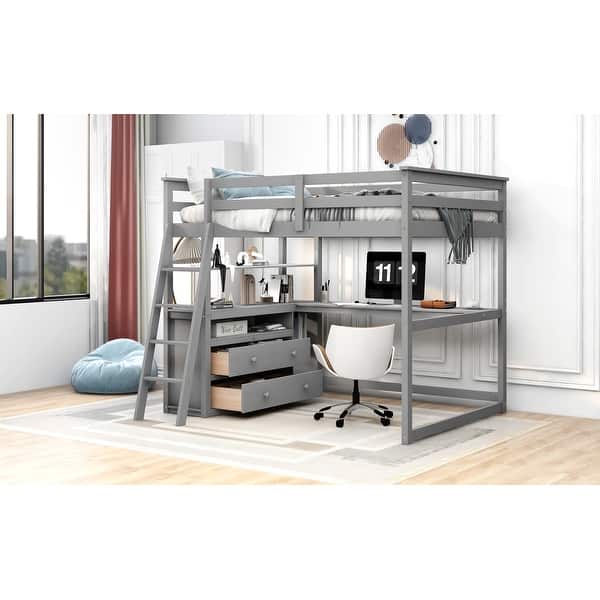 slide 2 of 14, Full Size Loft Bed with Desk and Shelves Underneath, Built-in 2 Drawers for Teens Modern Loft Gray Bed with Slanted Ladder Gray - Full
