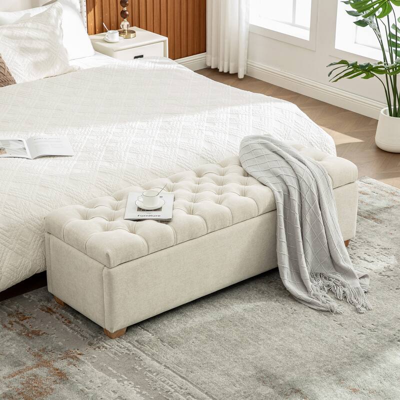 60.2" Chenille Upholstered Storage Bench with Flip-Top & Soft-Close Hinges - Beige