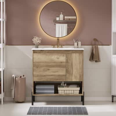 30" Wood Fixture Bathroom Vanity with Sliding Drawer, Ceramic Sink, Doors and Open Shelf