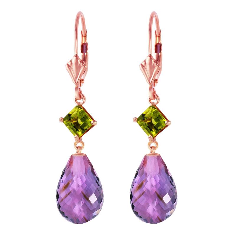 14K Solid Gold Leverback Gemstone Earrings w/ Peridots & Amethysts
