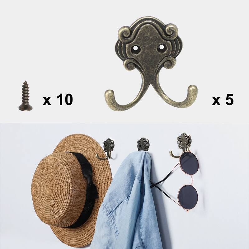 5pcs Dual Robe Hooks Metal Hook Towel Wall Bathroom w Screws - Bronze Tone
