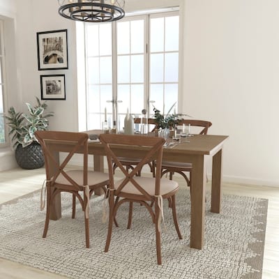 60" x 38" Antique Rustic Farm Table Set with 4 Cross Back Chairs and Cushions