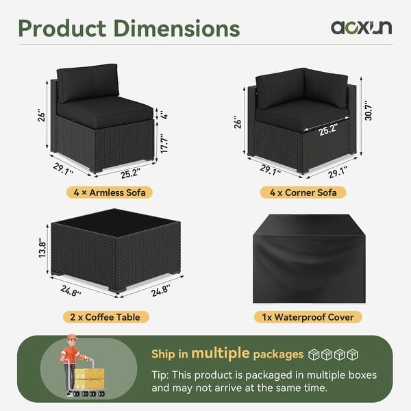 dimension image slide 6 of 12, AOXUN Fire Pit Conversation Set Rattan Sofa Set Outdoor Furniture With Cushions