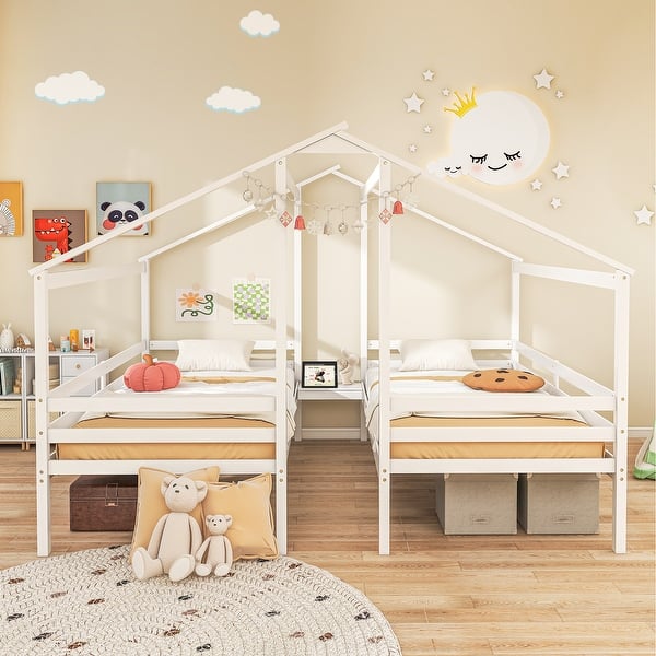 slide 2 of 9, Double Twin Size Wooden Bed Frames with Built-in Table for Kids White