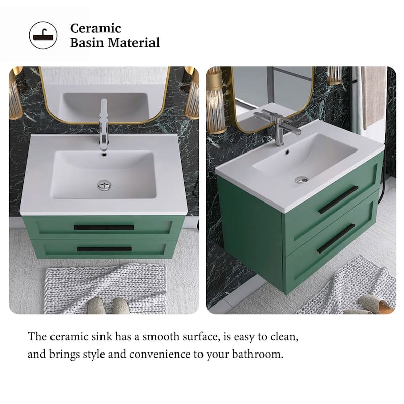 Wall-Mounted Bathroom Vanity in Green with White Ceramic Sink