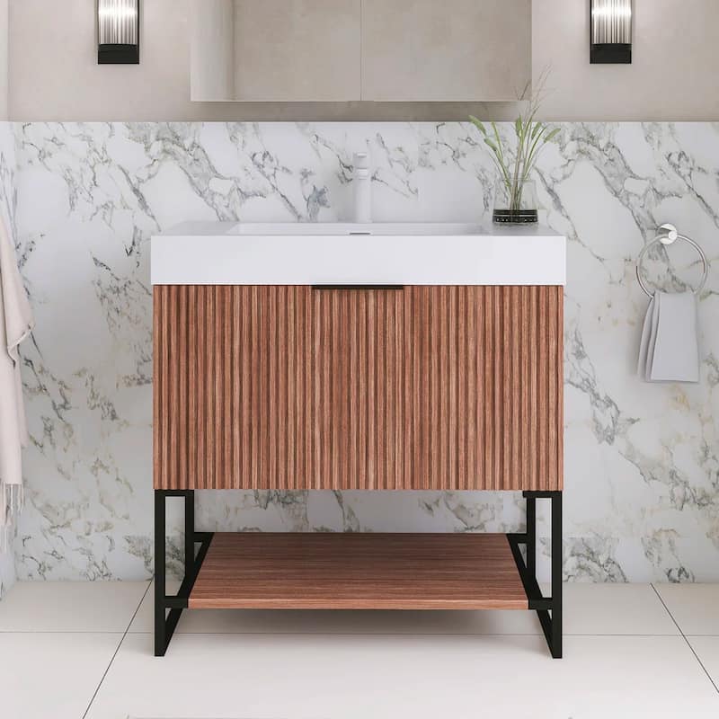 Freestanding Bathroom Vanity with White Integrated Solid Surface Sink - 29.92'' x 19.69'' x 33.46''