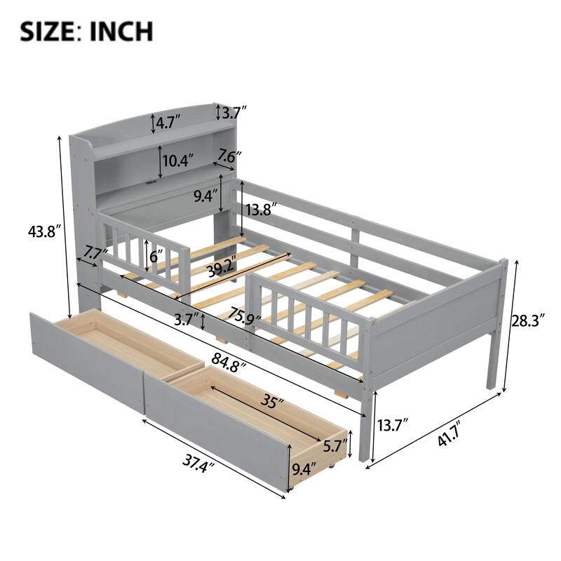 Wood Twin Size Platform Bed With Built-In Led Light,Multi-Functional Headboard,Guardrail And 2 Drawers