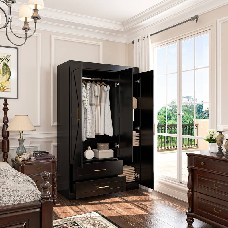 Classic Three-Door Wardrobe,Wood Bedroom Armoire with Hanging Rod and Shelves,Spacious Storage Closet,Modern Farmhouse Design