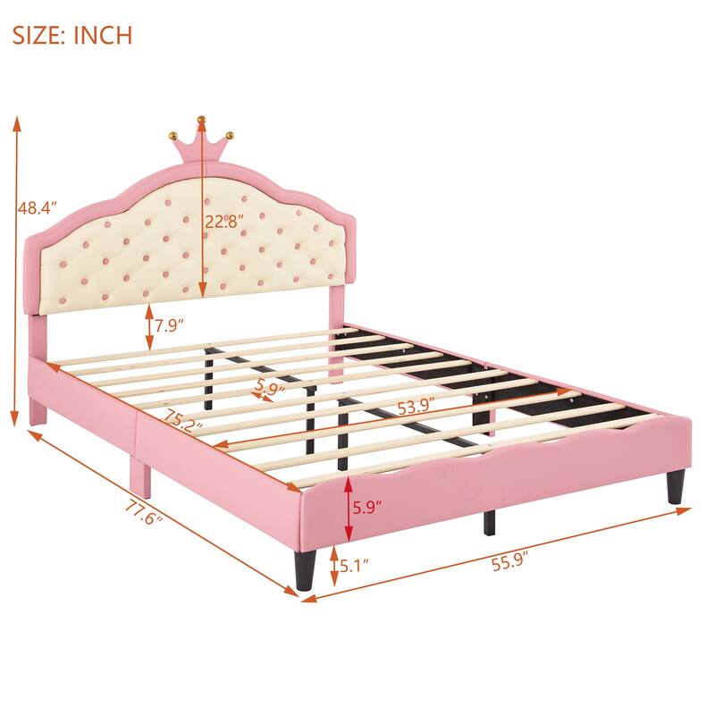 Princess Bed with Crown Headboard and Tufted PU Leather, Dreamy Design, Full and Twin Size, Comfortable and Sturdy for Bedroom