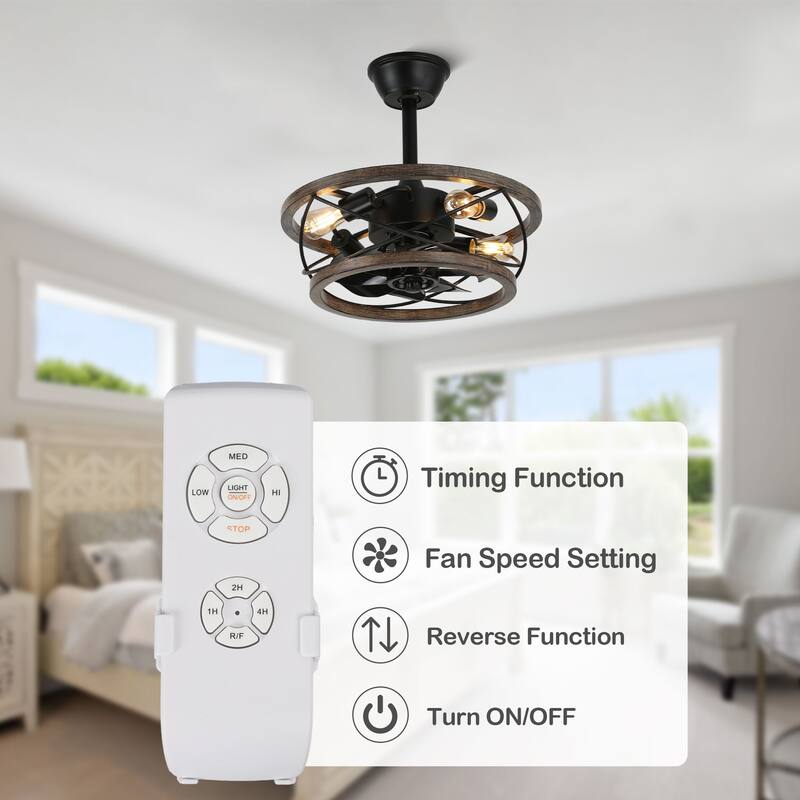 CurveCurio18" Small Farmhouse Ceiling Fan Light 4-Light Solid Wood Shade Quiet Motor w Remote Control Included for Bedroom