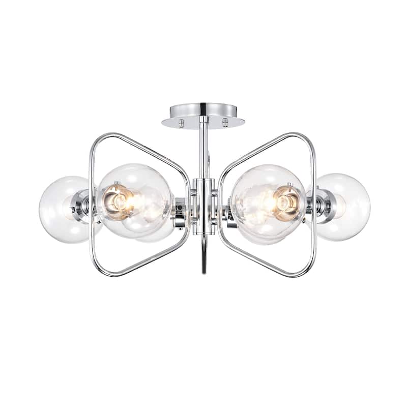 Elaina 6-Light Geometric Metal Frames Semi-Flush Mount with Glass Globe Shades - Chrome