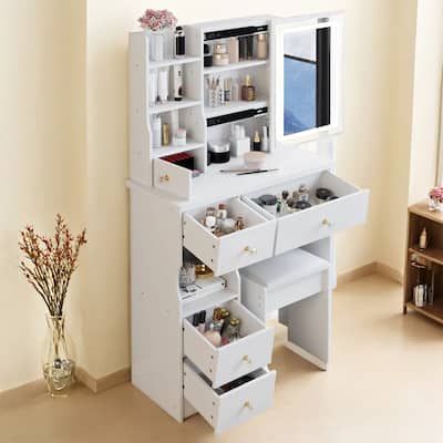 29.2" Compact Left-Drawer Vanity Table with LED Mirror and Stool