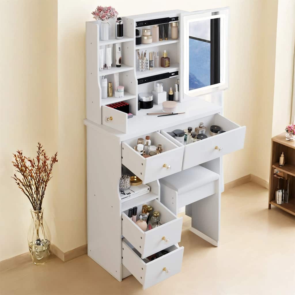 29.2" Compact Left-Drawer Vanity Table with LED Mirror and Stool