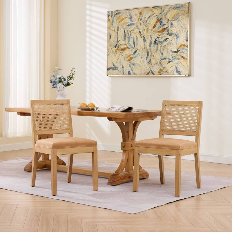 Roomfitters Upholstered Dining Chair Set of 2 with Rattan Back & Wood Legs, Modern Farmhouse Side Chair for Kitchen
