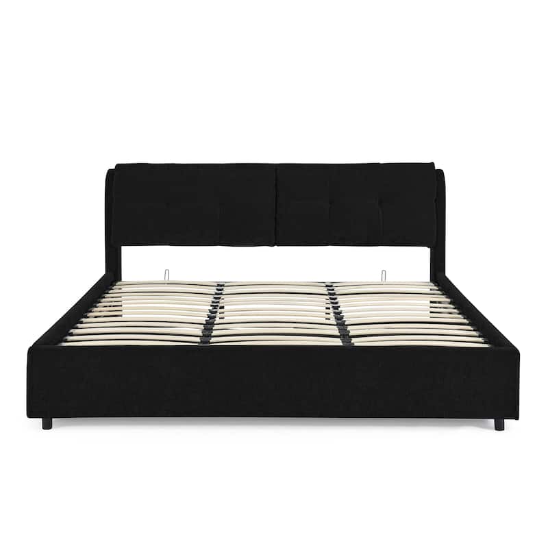 King Size Chenille Upholstered Low Platform Bed with Hydraulic Storage