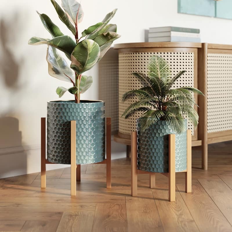 2-Piece Honeycomb Metal Planter Pot With 4-Leg Wood Base - Blue-Green - 14.75"H x 12"W / 12"H x 10"W - 12"H x 10"W x 10"D