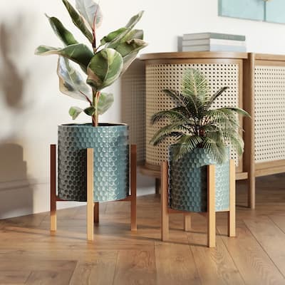 2-Piece Honeycomb Metal Planter Pot With 4-Leg Wood Base - Blue-Green - 14.75"H x 12"W / 12"H x 10"W - 12"H x 10"W x 10"D