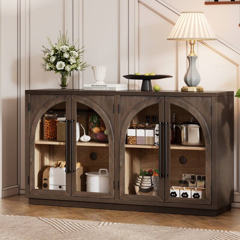 Retro 4-door Large Storage Retro Sideboard with Metal Handles and Adjustable Shelves - Espresso
