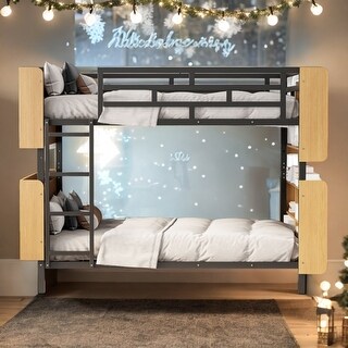 Black Full over Full Metal Bunk Bed with Storage Space, Ladder and Full-Length Guardrail