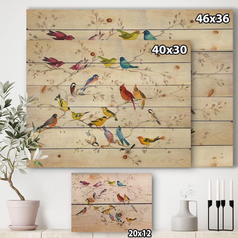 Designart 'Multi-Color Bird on Tree' Modern Farmhouse Print on Natural Pine Wood - Multi-color