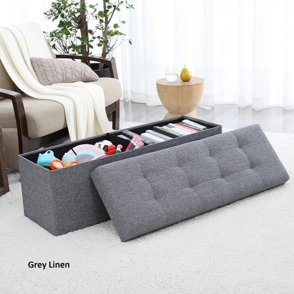 slide 2 of 10, Foldable Tufted Linen Storage Ottoman Bench