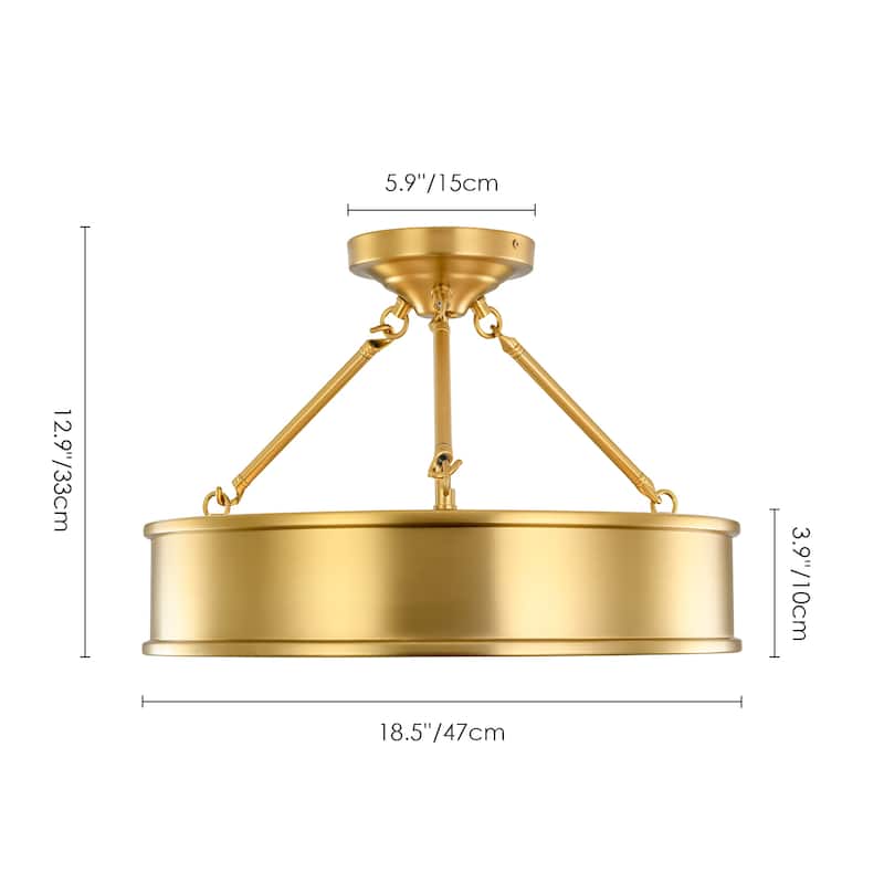 18.5 in. Modern Retro Brushed Gold Drum Integrated LED Semi-Flush Mount Light - 18.5 in. W x 12.9 in. H