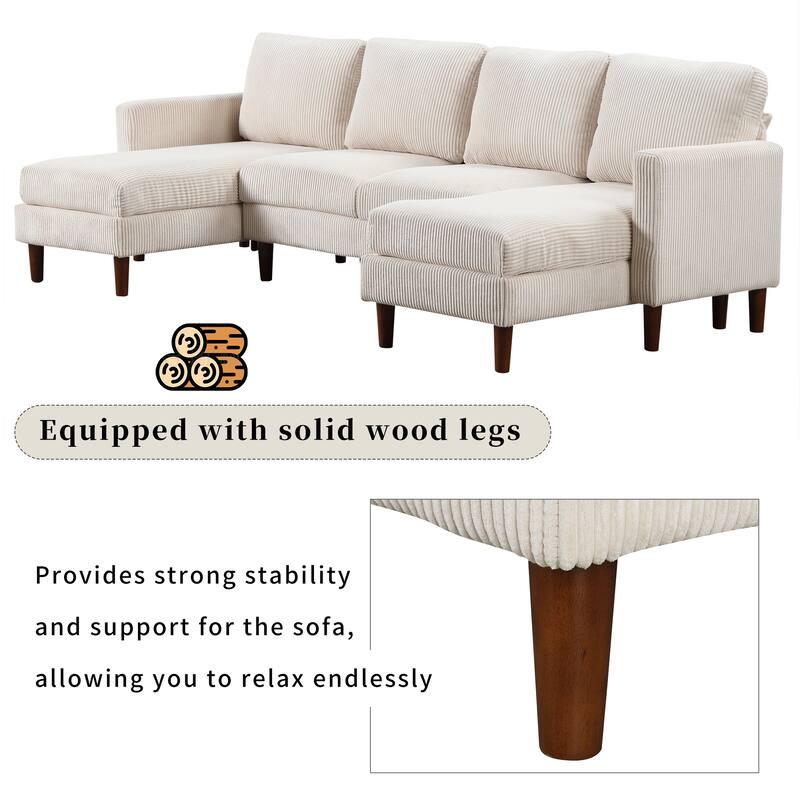 U-shaped Corduroy Fabric Combination Sofa with Solid Wood Legs and Sponge-filled Cushion