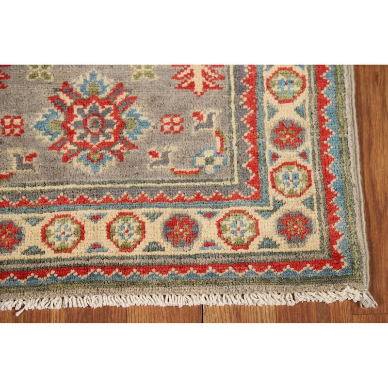 Geometric Kazak Oriental Foyer Rug Hand-Knotted Grey Wool Carpet - 2'0" x 3'0"