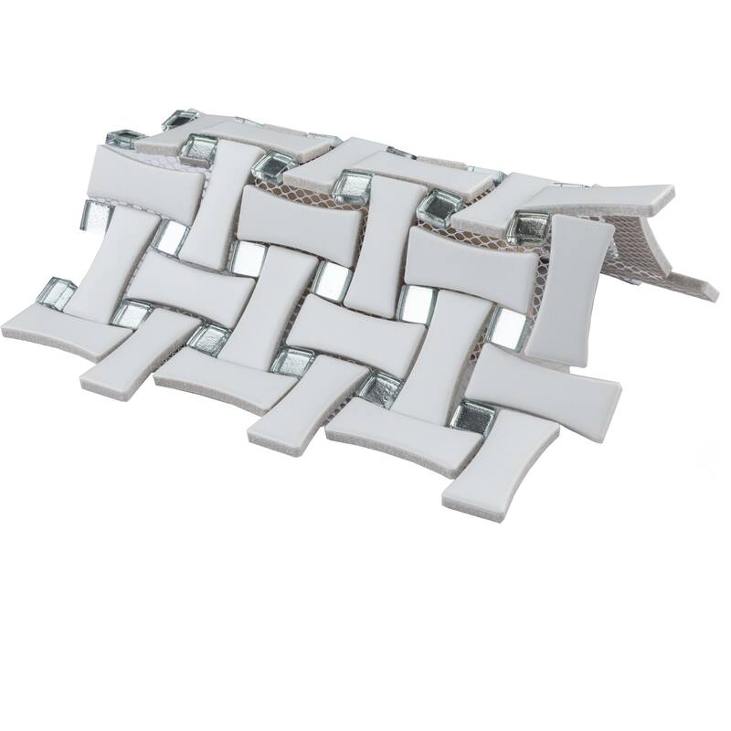 Merola Tile Metro Dog Bone Basketweave Matte White with Glass Silver Dot 10" x 10" Porcelain Mosaic Wall Tile