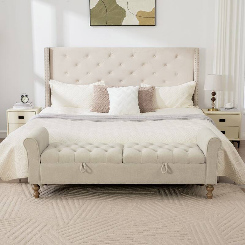 Modern Upholstered Storage Bench With Double Lids