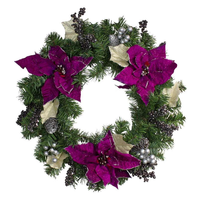 Purple Poinsettia and Silver Pine Cone Christmas Wreath - Unlit 24"