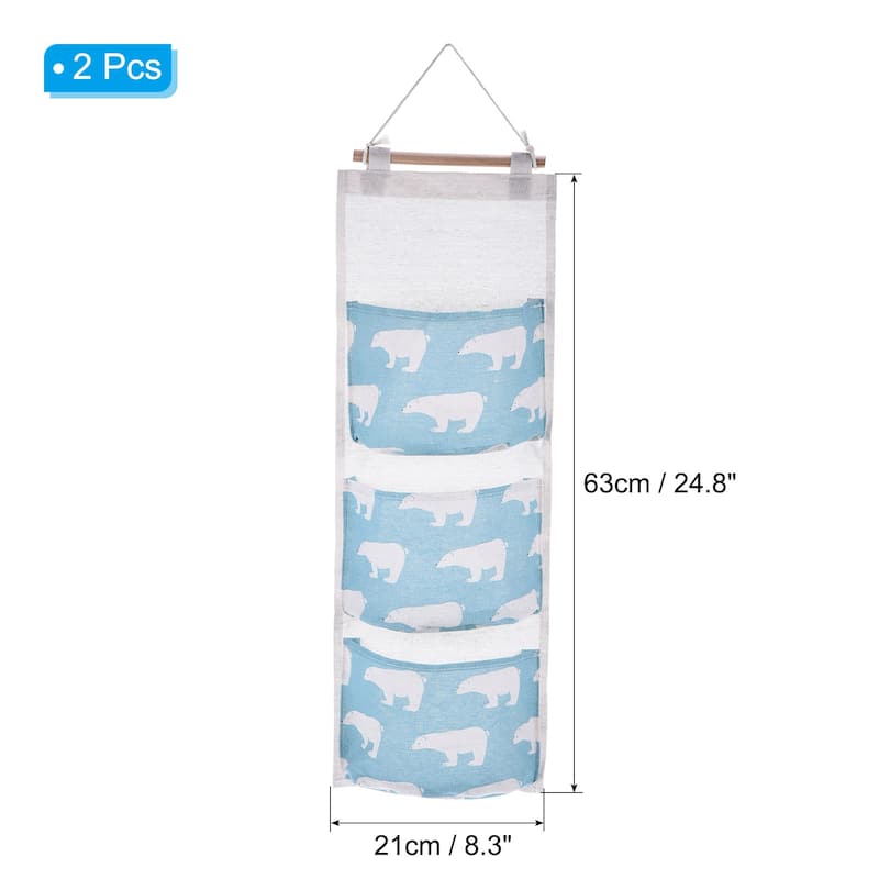 2Pcs 3 Pockets Cotton Door Hanging Storage Bags Organizer Bear Pattern - Blue