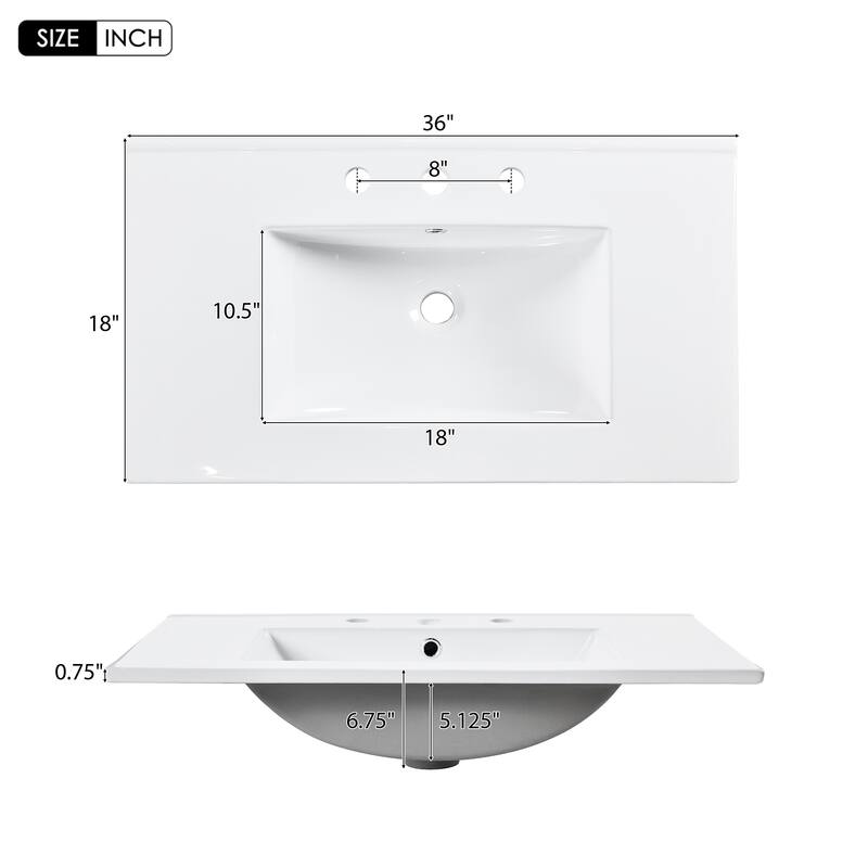 36'' Freestanding Bathroom Vanity in White with White Integrated Ceramic Sink - 36'' x 18'' x 33.89''