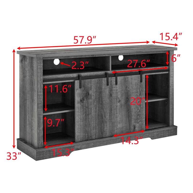Rustic Sliding Barn Door TV Stand with Upper Lower Storage Shelf and Adjustable Shelves for Living Room