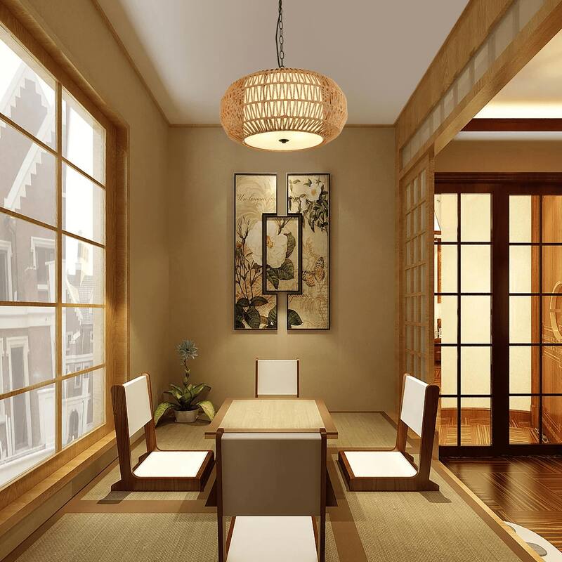 4-Light Bohemian Rattan Woven Dimmable Chandelier - Natural